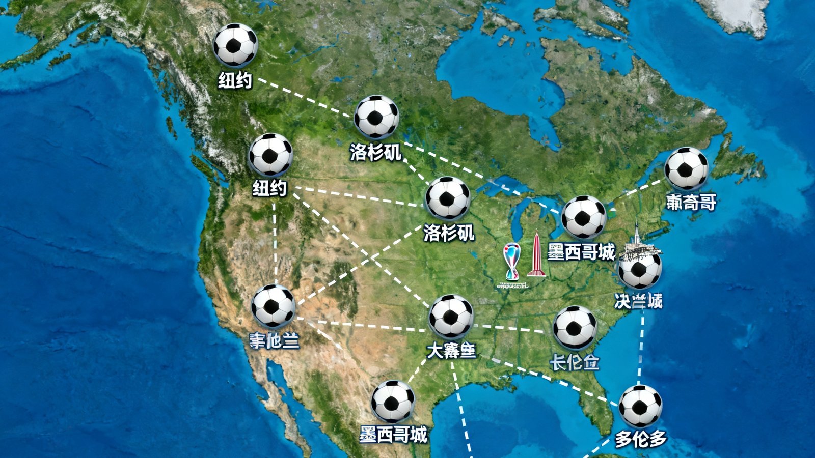 2026年美加墨世界杯16座举办城市的北美大陆分布地图，涵盖纽约、洛杉矶、墨西哥城、多伦多等标志性城市，地图上以足球图标标注每个举办城市位置，连接线表示小组赛到决赛的晋级路径
