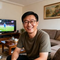 一位戴眼镜的30多岁中国男性用户头像照片，背景为家中客厅，他穿着休闲T恤，面带微笑，展现了普通球迷的自然状态