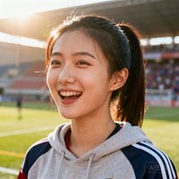 一位扎马尾的年轻中国女性用户头像，她穿着运动卫衣，背景是户外球场，阳光照在脸上显得活力十足，代表女性球迷群体
