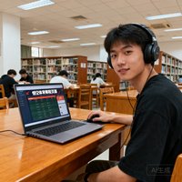 一位20岁左右的中国男大学生用户头像，戴着耳机坐在大学图书馆中，面前放着打开的笔记本电脑，屏幕上显示着悟空体育的赛程页面