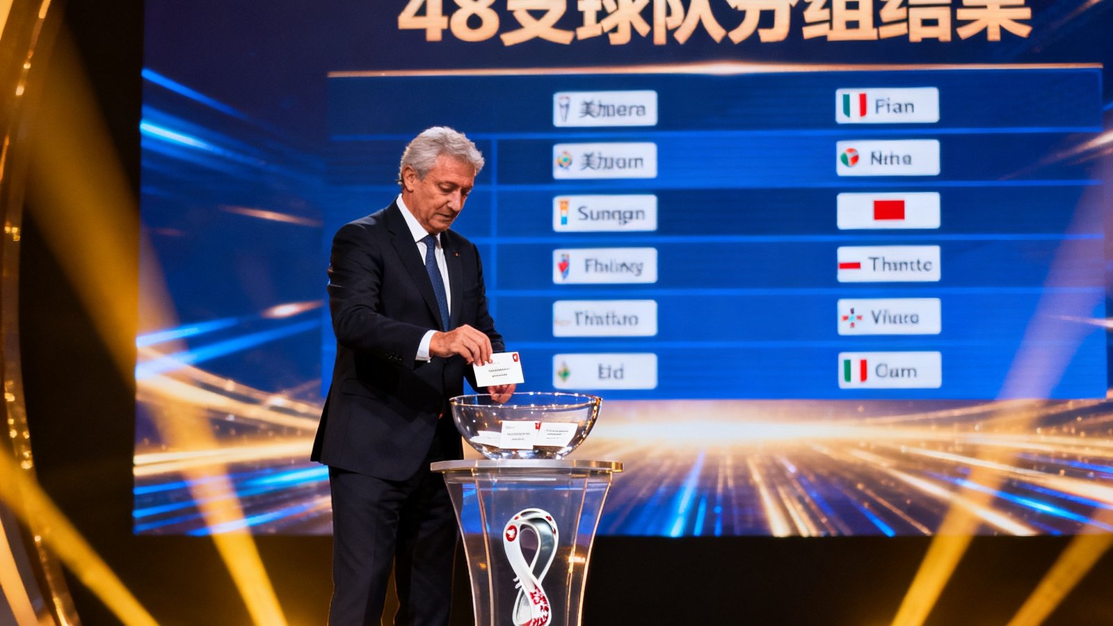 2026年美加墨世界杯分组抽签仪式现场照片，FIFA官员在舞台上抽取球队名称，背景大屏幕显示48支球队的分组结果，现场灯光璀璨